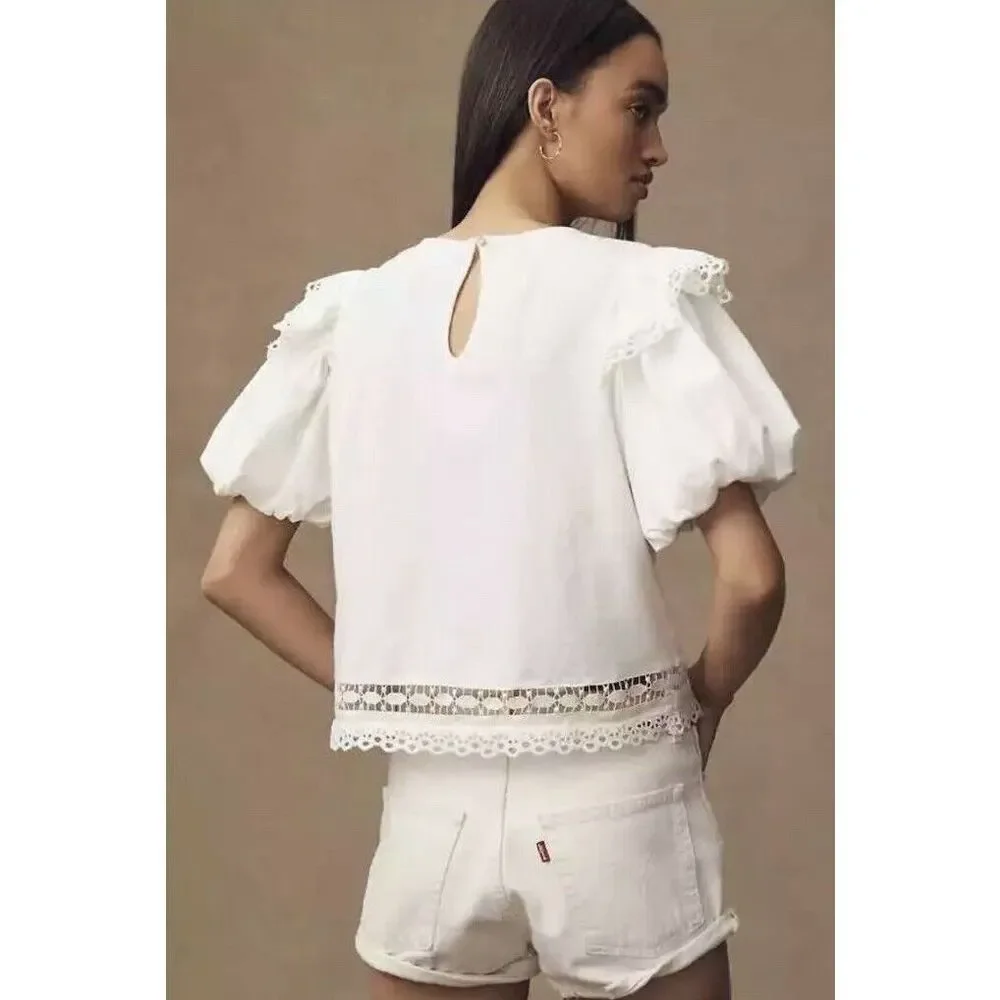 Anthropologie Puff-Sleeve Cutwork Top
